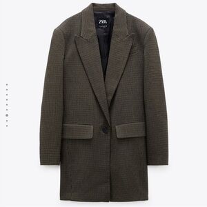 Zara Houndstooth Shoulder-pad Brown Blazer, Wool Blend, Size L, Classic Career